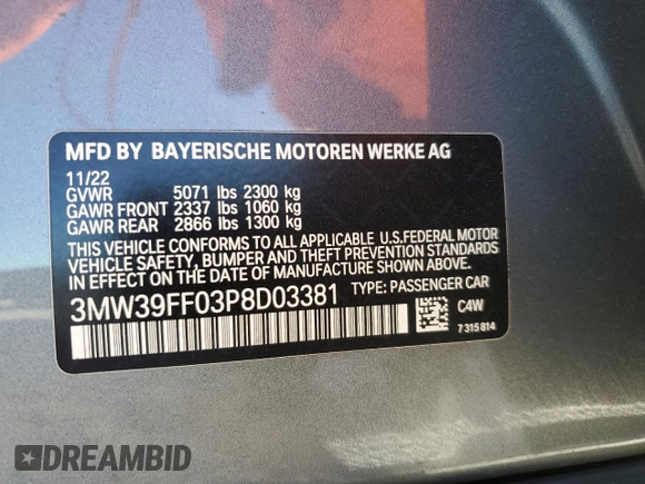 2023 BMW 3 Series 330e with VIN 3MW39FF03P8D03381, listed as a Copart auction lot 87578195 with 19,441 mi miles and Non Repairable. Bid and sale history available at carsss.com. Image 13.