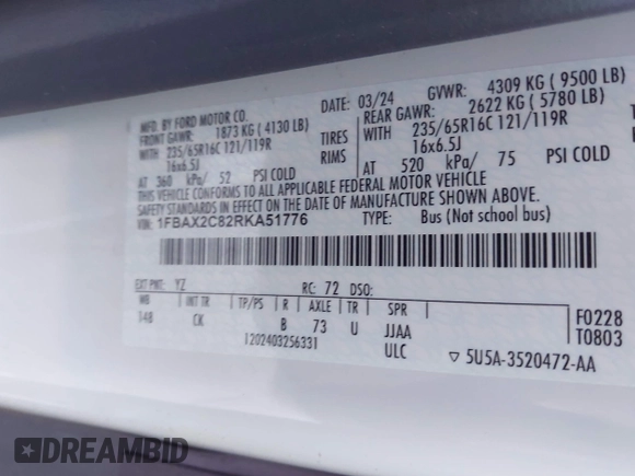 2024 Ford Transit Passenger XL with VIN 1FBAX2C82RKA51776, listed as a IAAI auction lot 42218695 with 23,221 mi miles and . Bid and sale history available at DreamBid. Image 9.