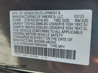2023 Honda Odyssey EX-L с VIN 5FNRL6H61PB052646, выставлен на аукционе Copart как лот 57746825 с пробегом 19 949 миль миль и Списание • Salvage title. История ставок и продаж доступна на DreamBid. Изображение 13.
