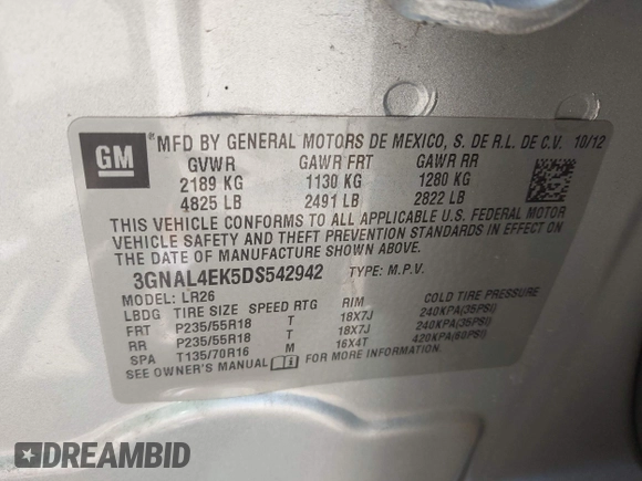 2013 Chevrolet Captiva Sport LTZ with VIN 3GNAL4EK5DS542942, listed as a IAAI auction lot 41991896 with 127,354 mi miles and . Bid and sale history available at DreamBid. Image 9.