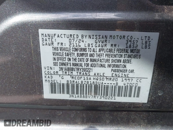 2024 Nissan Sentra S with VIN 3N1AB8BV7RY390221, listed as a IAAI auction lot 41944821 with 11,852 mi miles and . Bid and sale history available at DreamBid. Image 9.