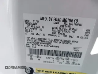 2014 Ford F-150 XL with VIN 1FTFW1CT5EFA75902, listed as a IAAI auction lot 41422814 with 114,863 mi miles and . Bid and sale history available at DreamBid. Image 9.