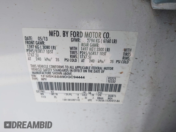2013 Ford Explorer with VIN 1FM5K8B89DGC94444, listed as a IAAI auction lot 41872722 with 123,172 mi miles and . Bid and sale history available at carsss.com. Image 9.