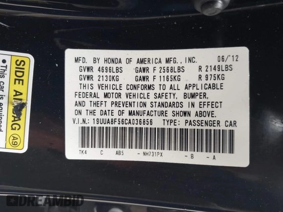 2012 Acura TL Tech Auto with VIN 19UUA8F56CA036856, listed as a IAAI auction lot 41263843 with 63,716 mi miles. Bid and sale history available at carsss.com. Image 9.