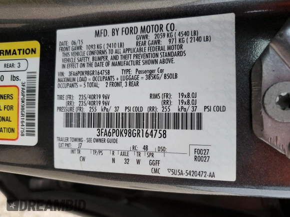 2016 Ford Fusion Titanium with VIN 3FA6P0K98GR164758, listed as a Copart auction lot 55609595 with 153,779 mi miles and Clean title. Bid and sale history available at DreamBid. Image 12.