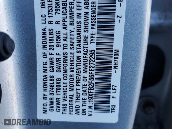 2015 Honda Civic LX with VIN 19XFB2F56FE272295, listed as a Copart auction lot 51775075 with 68,101 mi miles and Salvage Title. Bid and sale history available at carsss.com. Image 12.