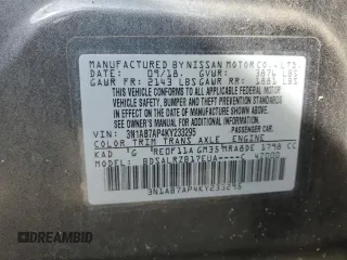 2019 Nissan Sentra SR с VIN 3N1AB7AP4KY233295, выставлен на аукционе Copart как лот 58791835 с пробегом 98 726 миль миль и На запчасти • Non repairable. История ставок и продаж доступна на DreamBid. Изображение 12.