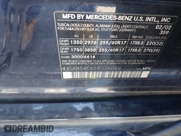 2002 Mercedes-Benz M 320/430/500 with VIN 4JGAB54EX2A336068, listed as a IAAI auction lot 42677467 with 184,624 mi miles and . Bid and sale history available at DreamBid. Image 9.
