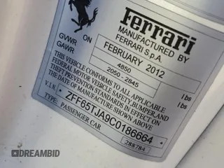 2012 Ferrari California z VIN ZFF65TJA9C0186664, wystawiony jako Copart lot #87967125 z przebiegiem Nie podano mil oraz Szkoda całkowita • Salvage title. Historia ofert i sprzedaży dostępna na DreamBid. Obrazek 12.