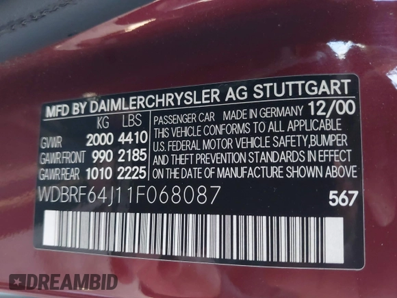 2001 Mercedes-Benz C 320 with VIN WDBRF64J11F068087, listed as a IAAI auction lot 42034193 with 144,752 mi miles and . Bid and sale history available at DreamBid. Image 9.