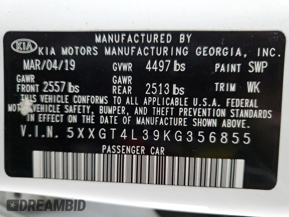 2019 Kia Optima LX with VIN 5XXGT4L39KG356855, listed as a Copart auction lot 49480425 with 75,212 mi miles and Salvage Title. Bid and sale history available at carsss.com. Image 12.