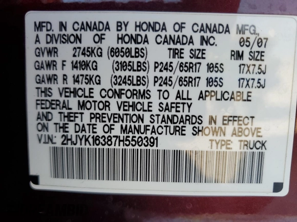 2007 Honda Ridgeline RTX with VIN 2HJYK16387H550391, listed as a Copart auction lot 74938144 with 189,804 mi miles and Salvage Title. Bid and sale history available at carsss.com. Image 13.