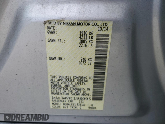 2015 Nissan Altima S with VIN 1N4AL3AP7FC198095, listed as a Copart auction lot 53572625 with 148,294 mi miles and Salvage Title. Bid and sale history available at DreamBid. Image 14.