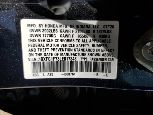 2020 Honda Civic EX-L z VIN 19XFC1F73LE017348, wystawiony jako Copart lot #52492255 z przebiegiem Nie podano mil oraz Szkoda całkowita • Salvage title. Historia ofert i sprzedaży dostępna na DreamBid. Obrazek 12.