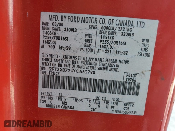 2000 Ford F-150 XL with VIN 2FTZX0724YCA62788, listed as a Copart auction lot 60301585 with Not provided miles and Clean title. Bid and sale history available at DreamBid. Image 12.