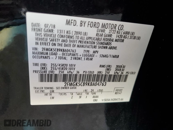 2019 Ford Flex SEL with VIN 2FMGK5C89KBA04763, listed as a Copart auction lot 48462165 with 109,735 mi miles and Non Repairable. Bid and sale history available at carsss.com. Image 12.