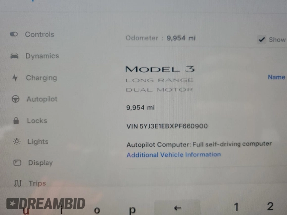 2023 Tesla Model 3 Long Range with VIN 5YJ3E1EBXPF660900, listed as a Copart auction lot 48923265 with 9,954 mi miles and Salvage Title. Bid and sale history available at DreamBid. Image 9.