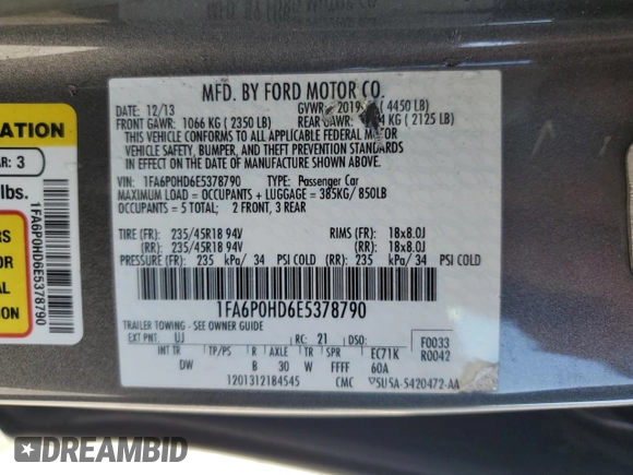 2014 Ford Fusion SE with VIN 1FA6P0HD6E5378790, listed as a Copart auction lot 52602065 with 0 mi miles and Clean Title. Bid and sale history available at carsss.com. Image 12.