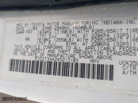 2004 Toyota Sequoia SR5 with VIN 5TDZT34A24S213103, listed as a IAAI auction lot 41675097 with 225,509 mi miles. Bid and sale history available at carsss.com. Image 9.