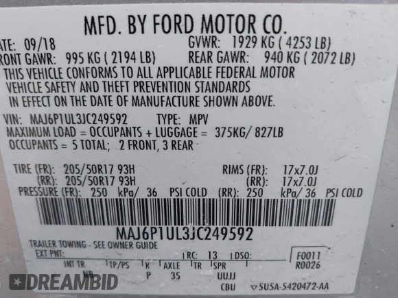 2018 Ford EcoSport SE with VIN MAJ6P1UL3JC249592, listed as a IAAI auction lot 41975652 with 34,360 mi miles. Bid and sale history available at carsss.com. Image 9.