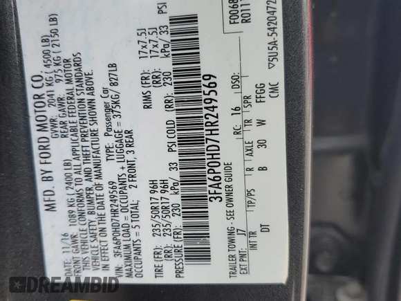 2017 Ford Fusion SE z VIN 3FA6P0HD7HR249569, wystawiony jako Copart lot #63072895 z przebiegiem 154 607 mil mil oraz Szkoda całkowita • Salvage title. Historia ofert i sprzedaży dostępna na DreamBid. Obrazek 12.