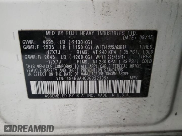 2016 Subaru Outback 2.5i Premium with VIN 4S4BSAHC3G3223354, listed as a Copart auction lot 54224915 with 108,475 mi miles and Salvage Title. Bid and sale history available at carsss.com. Image 13.
