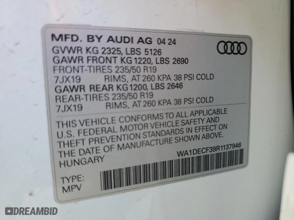 2024 Audi Q3 S line Premium with VIN WA1DECF39R1137946, listed as a Copart auction lot 47194135 with 3,110 mi miles and Salvage Title. Bid and sale history available at carsss.com. Image 14.
