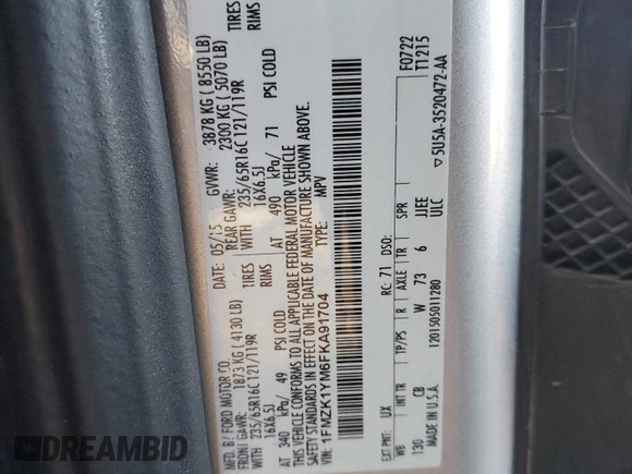 2015 Ford Transit XL with VIN 1FMZK1YM6FKA91704, listed as a Copart auction lot 47443975 with 169,342 mi miles and Salvage title. Bid and sale history available at DreamBid. Image 13.