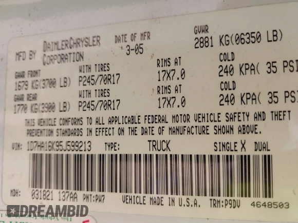 2005 Dodge 1500 ST z VIN 1D7HA16K95J599213, wystawiony jako IAAI lot #42336194 z przebiegiem Nie podano mil oraz . Historia ofert i sprzedaży dostępna na DreamBid. Obrazek 9.