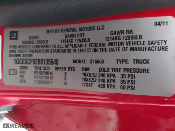 2011 Chevrolet Colorado LT w/1LT with VIN 1GCESCF92B8135640, listed as a IAAI auction lot 41509744 with 105,409 mi miles. Bid and sale history available at carsss.com. Image 9.