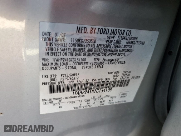 2007 Ford Five Hundred SEL with VIN 1FAHP24137G154108, listed as a Copart auction lot 83942104 with 196,289 mi miles and Salvage Title. Bid and sale history available at carsss.com. Image 12.
