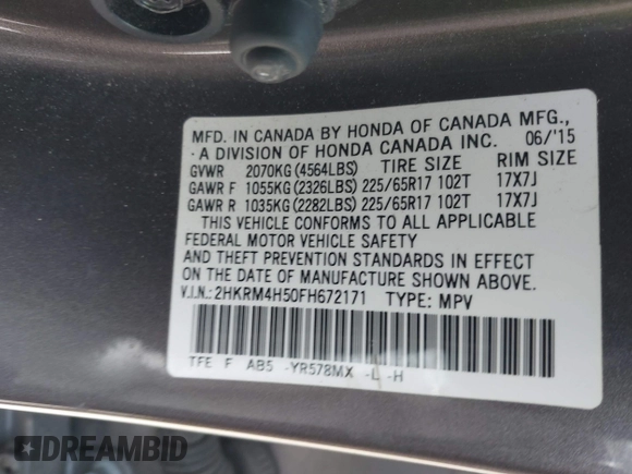 2015 Honda CR-V EX with VIN 2HKRM4H50FH672171, listed as a IAAI auction lot 42103730 with 276,702 mi miles and . Bid and sale history available at DreamBid. Image 9.