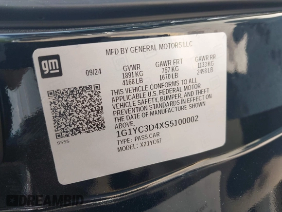 2025 Chevrolet Corvette 3LT with VIN 1G1YC3D4XS5100002, listed as a IAAI auction lot 42487547 with 2,591 mi miles and . Bid and sale history available at DreamBid. Image 9.