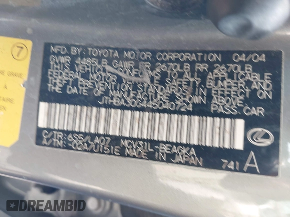2004 Lexus ES 350 with VIN JTHBA30G445040724, listed as a IAAI auction lot 42392227 with 184,663 mi miles and . Bid and sale history available at DreamBid. Image 9.