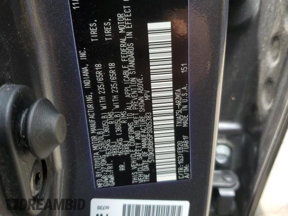 2023 Toyota Highlander L with VIN 5TDKDRBH5PS005383, listed as a Copart auction lot 59811145 with 18,507 mi miles and Salvage title. Bid and sale history available at DreamBid. Image 13.