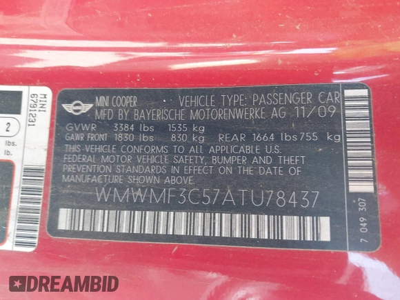 2010 MINI Hardtop with VIN WMWMF3C57ATU78437, listed as a IAAI auction lot 42754446 with 73,907 mi miles and . Bid and sale history available at DreamBid. Image 9.