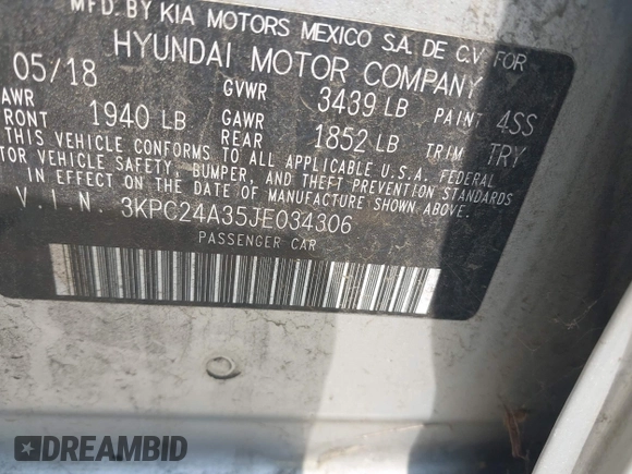 2018 Hyundai Accent SEL z VIN 3KPC24A35JE034306, wystawiony jako IAAI lot #42505216 z przebiegiem 53 999 mil mil oraz . Historia ofert i sprzedaży dostępna na DreamBid. Obrazek 9.