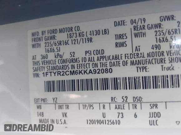 2019 Ford Transit with VIN 1FTYR2CM6KKA92080, listed as a IAAI auction lot 40863954 with 146,821 mi miles and . Bid and sale history available at DreamBid. Image 9.