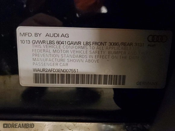 2014 Audi A8 L 4.0T with VIN WAUR2AFD3EN007551, listed as a Copart auction lot 84991104 with 96,099 mi miles and Salvage Title. Bid and sale history available at carsss.com. Image 12.