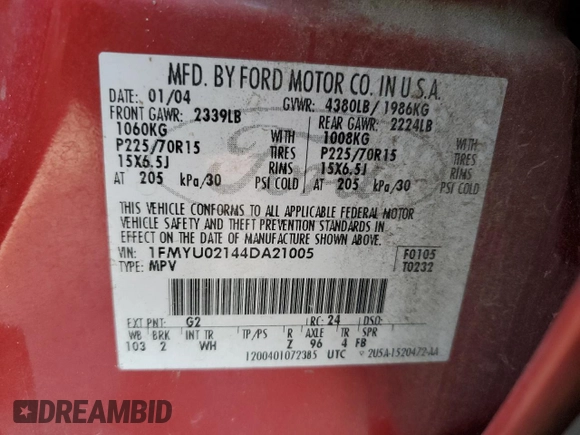 2004 Ford Escape XLS with VIN 1FMYU02144DA21005, listed as a Copart auction lot 45536325 with 189,661 mi miles and Salvage Title. Bid and sale history available at DreamBid. Image 14.