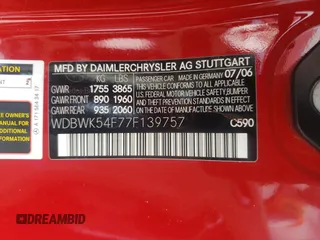 2007 Mercedes-Benz SLK 280 with VIN WDBWK54F77F139757, listed as a Copart auction lot 60968135 with 56,545 mi miles and Salvage title. Bid and sale history available at DreamBid. Image 12.