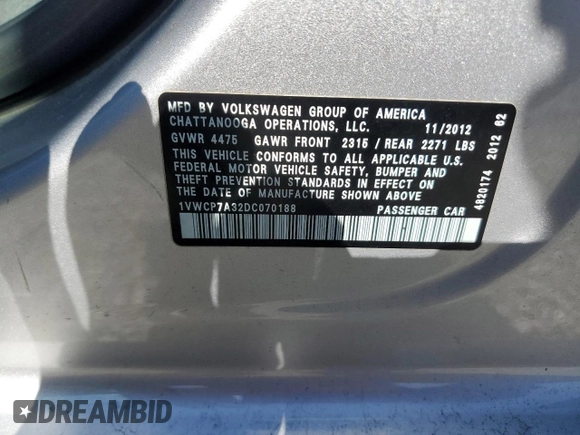 2013 Volkswagen Passat SEL Premium z VIN 1VWCP7A32DC070188, wystawiony jako Copart lot #52161325 z przebiegiem 175 368 mil mil oraz Szkoda całkowita • Salvage title. Historia ofert i sprzedaży dostępna na DreamBid. Obrazek 12.