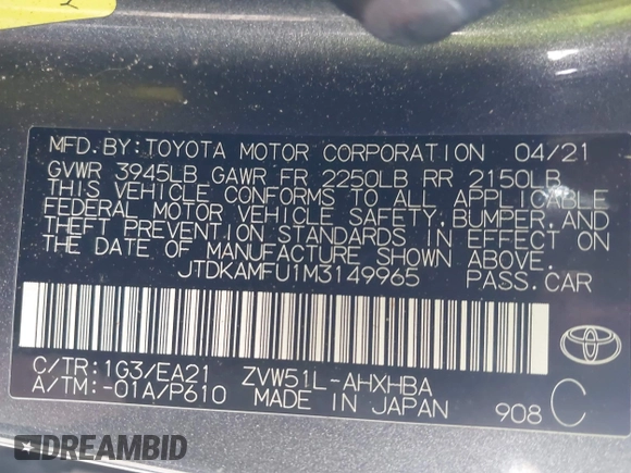 2021 Toyota Prius L Eco z VIN JTDKAMFU1M3149965, wystawiony jako IAAI lot #38641916 z przebiegiem 69 942 mil mil oraz . Historia ofert i sprzedaży dostępna na DreamBid. Obrazek 9.