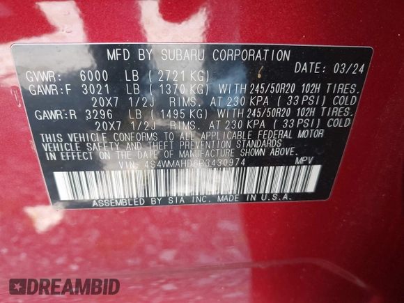 2024 Subaru Ascent Onyx с VIN 4S4WMAHD6R3430974, выставлен на аукционе IAAI как лот 41879447 с пробегом 11 656 миль миль и . История ставок и продаж доступна на DreamBid. Изображение 9.