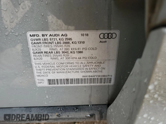 2019 Audi SQ5 Premium Plus with VIN WA1B4AFY3K2002715, listed as a Copart auction lot 64977024 with 73,762 mi miles and Salvage Title. Bid and sale history available at DreamBid. Image 13.