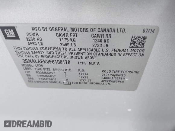 2015 Chevrolet Equinox LS z VIN 2GNALAEK0F6108170, wystawiony jako IAAI lot #40142120 z przebiegiem 161 567 mil mil oraz . Historia ofert i sprzedaży dostępna na DreamBid. Obrazek 9.