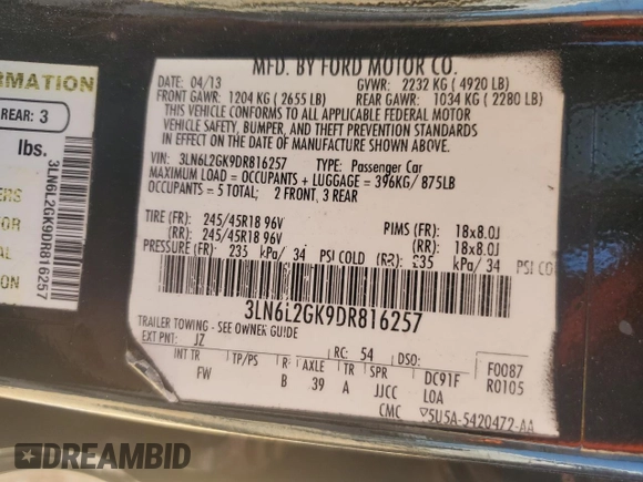 2013 Lincoln MKZ with VIN 3LN6L2GK9DR816257, listed as a Copart auction lot 51988515 with 176,245 mi miles and Clean Title. Bid and sale history available at DreamBid. Image 12.