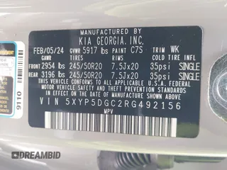 2024 Kia Telluride SX X-Pro с VIN 5XYP5DGC2RG492156, выставлен на аукционе IAAI как лот 42193572 с пробегом 7 888 миль миль и . История ставок и продаж доступна на DreamBid. Изображение 9.