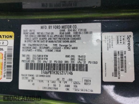 2016 Ford Mustang EcoBoost z VIN 1FA6P8TH3G5217146, wystawiony jako Copart lot #51730975 z przebiegiem 105 160 mil mil oraz Szkoda całkowita • Salvage title. Historia ofert i sprzedaży dostępna na DreamBid. Obrazek 12.