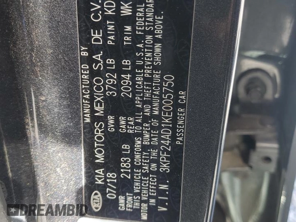2019 Kia Forte LXS with VIN 3KPF24AD1KE005750, listed as a Copart auction lot 45103595 with 49,616 mi miles and Salvage title. Bid and sale history available at DreamBid. Image 13.